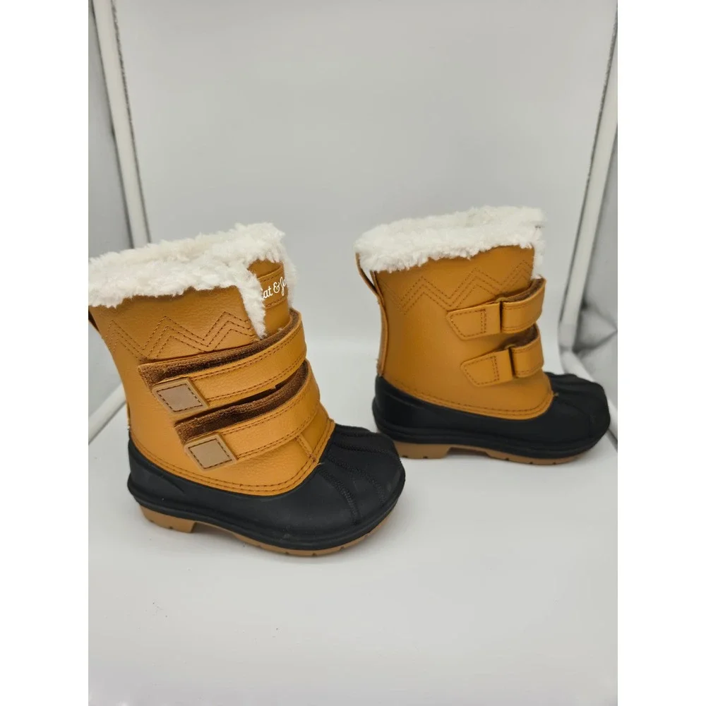 Cat & Jack Toddler Kids Tan Black Faux Fur Lined Duck Boots Size 7 Hook Loop